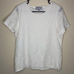 Andrew Marc White Lace Overlay Crewneck Top